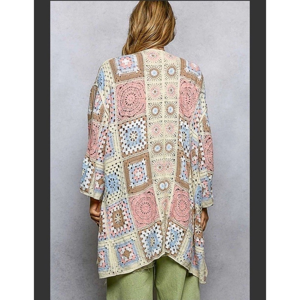 POL New Long Sleeve Granny Square Crochet Open Cardigan Pink One Size - Picture 2 of 7
